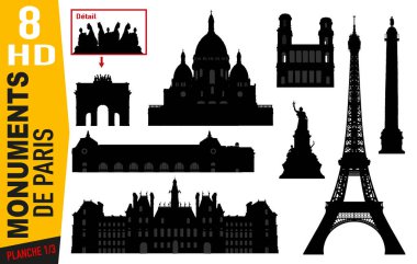 Paris 'in ana anıtlarını ayrıntılı siluet şeklinde temsil eden piktogramlar. Eyfel Kulesi, Montmartre veya Belediye Binası ile.