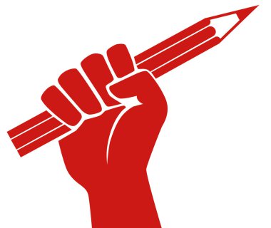 Kırmızı resim, ifade özgürlüğü için bir işaret olarak kalemi tutan bir yumruğu gösteriyor..