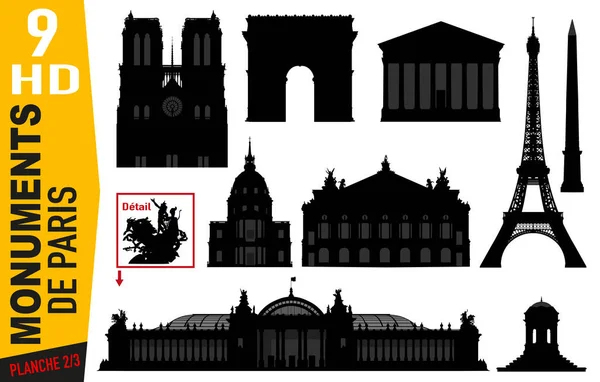 Planche Pictogrammes Représentant Les Principaux Monuments Paris Sous Forme Silhouette — Image vectorielle