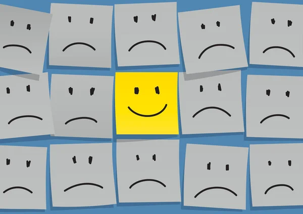 Concept of expression of emotions with an emoticon showing a smiling face on a yellow background, in the middle of others expressing sadness on a gray background.