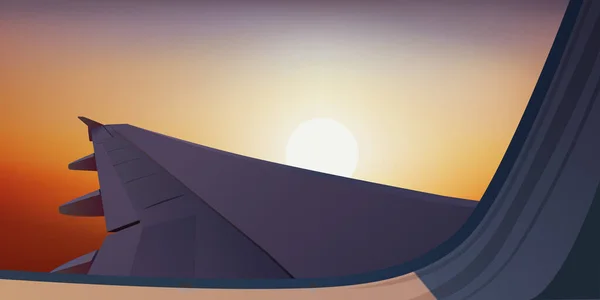 夕日を背景に窓から見える飛行機の翼を持つ旅行や航空輸送の概念 — ストックベクタ