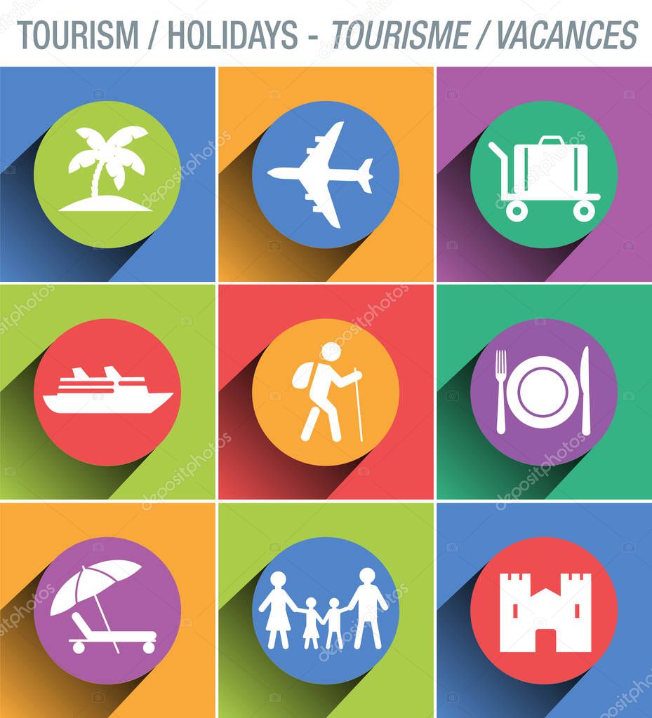 Set of pictograms on the theme of tourism and holidays, to illustrate presentation documents, brochures, or websites.