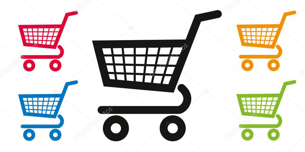 Caddy pictograms of different colors, to symbolize local commerce, supermarket and consumption.