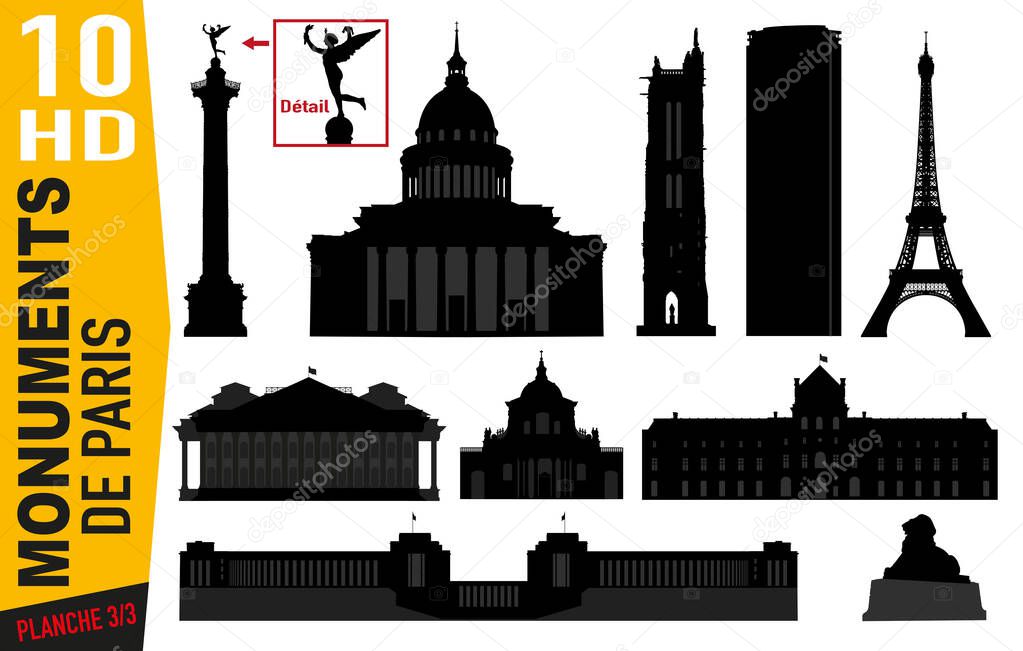 Plank of pictograms representing the main monuments of Paris in the form of detailed silhouette. With Montparnasse, the louvre and the sorbonne.