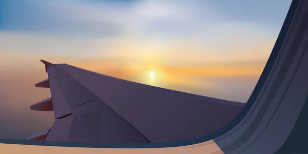 Koncept Cestování Letecké Dopravy Křídlem Letadla Vidět Oknem Pozadí Západu — Stockový vektor
