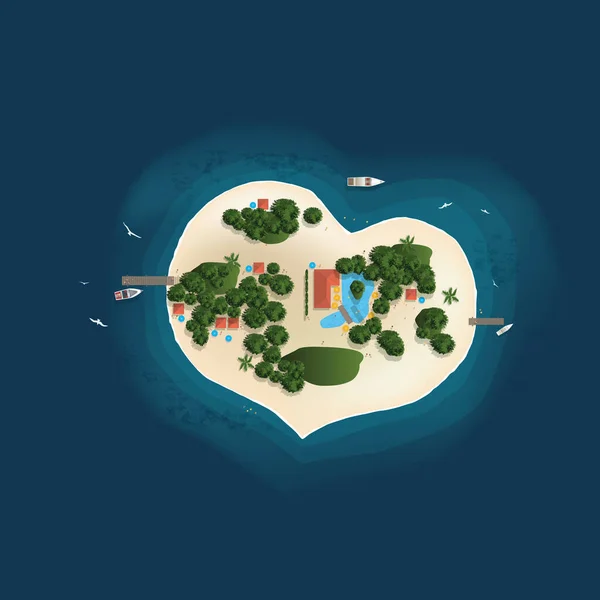 Konzept Des Inselparadieses Von Oben Gesehen Ist Herzförmig Einen Traumurlaub — Stockvektor