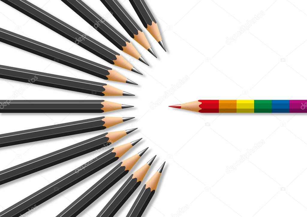 Concept of homophobia with for symbol a pencil in the colors of homosexuals opposite black pencils in opposition.