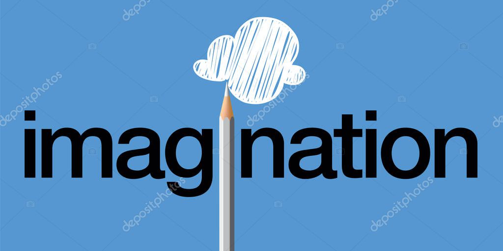 Imagination concept, with the word imagine written in black on a blue background and a white pencil that replaces the i and draws a cloud.