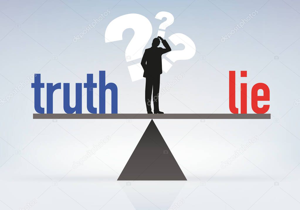 Concept of misinformation with a man who seeks and hesitates to choose between lying and truth
