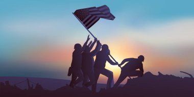 2. Dünya Savaşı 'nda Amerikan bayrağını Iwo Jima adasında dalgalandıran askerlerle kazanılmış tarihi bir zafer kavramı..