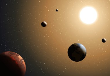 Güneş sisteminin bir görüntüsü, Dünya, Mars, Venüs ve Merkür ile evrenin sonsuz uzayının ortasında güneşin yörüngesinde dönüyor..