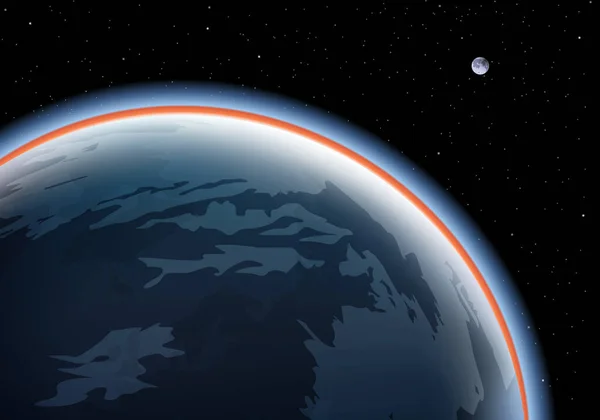 Uzaydan Görünen Dünya Güneşin Doğuşuyla Ayın Önünde Yıldızlı Bir Gökyüzünün — Stok Vektör