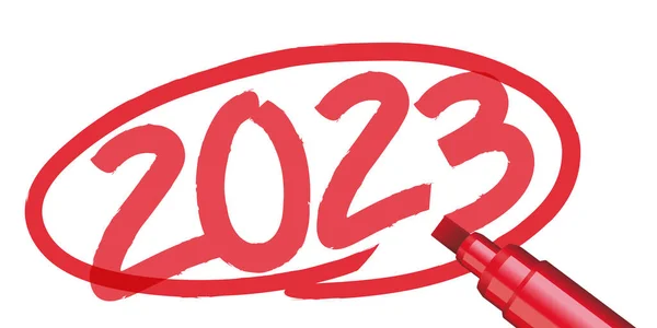 Year 2023 Written Hand Surrounded Red Circle Marker Marker White — Stock Vector
