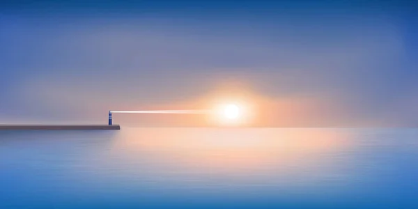 День Піднімається Спокійну Спокійну Морську Панораму Маяком Горизонті Який Направляє — стоковий вектор