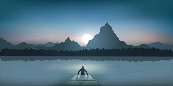 Zenový Muž Sedící Pontonu Medituje Přemýšlí Klidné Nádherné Krajině Jezera — Stockový vektor