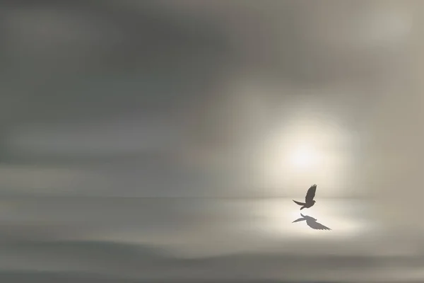 Панорамний Пейзаж Показує Морський Пейзаж Символізує Спокій Птахом Летить Близько — стоковий вектор