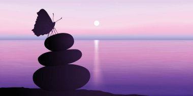 Güneşin doğuşundaki Zen kavramı, sakin bir denizin önündeki üç çakıl taşının üzerindeki kelebeğin kırılgan silüetiyle meditasyon için idealdir..