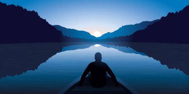 Bir Zen erkeği, bir teknenin önünde oturur, dağlarla çevrili bir gölün sakin ve görkemli manzarasını düşünürken meditasyon yapar..