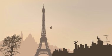 Paris sislerin altında Eyfel Kulesi 'nin arkasında Paris çatıları ve ufukta Montmartre ve Sacr-Coeur tepeleri..