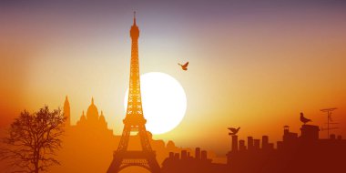 Paris 'in çatılarında gün batımında Eyfel Kulesi ve ufukta Kutsal Yürek olan Montmartre Tepesi.