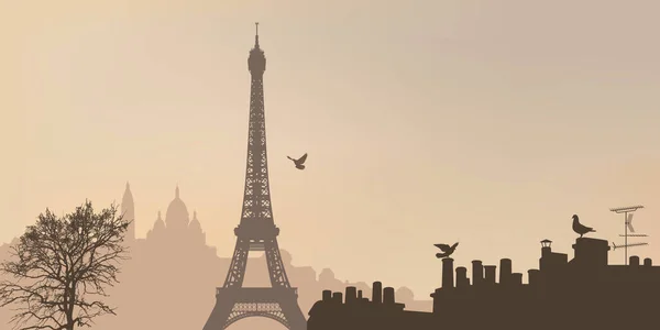 パリの屋根の後ろにエッフェル塔と地平線モンマルトルとサクルクールの丘の霧の下でパリ — ストックベクタ