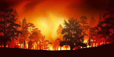 Doğal afet ya da kundakçılık, itfaiyecilerin müdahalesinden önce çevreyi yok eden devasa alevlerle dolu bir orman yangınını gösteriyor..