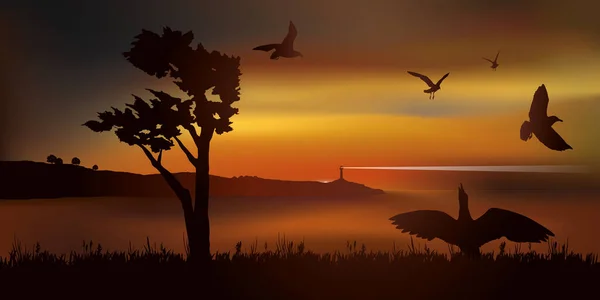 水平線や灯台の見える湾のパノラマビューの前にカモメの飛行で日没の風景 — ストックベクタ