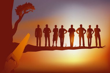 İşletmedeki sosyal plan kavramı, yönetim tarafından belirlenmiş 8 kişilik bir ekibin işten çıkarılacağı bir testerenin sembolü..