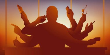 Aşırı yoğun iş adamı kavramı, hiperaktif çok kollu bir karaktere sahip, aşırı çalışmayı sembolize etmek için birkaç ofis eşyası taşıyor..