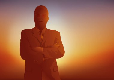 Güç ve liderlik kavramı, kendini karizmasıyla empoze eden, kollarını kavuşturan bir işadamıyla..