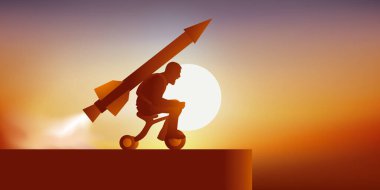 Hedefine ulaşmak için bir rokete bağlı üç tekerlekli bisiklete binen cesur bir adamın imkansız meydan okumasının sembolü..