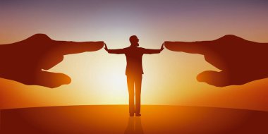 İki koca eli sembolik olarak ona günah keçisi olarak işaret eden kolları açık bir adamla muhalefet kavramı..