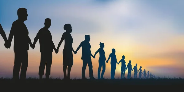 Birliğin güç olduğunu göstermek için el ele tutuşan bir grup insan zinciri ve dayanışma kavramı..