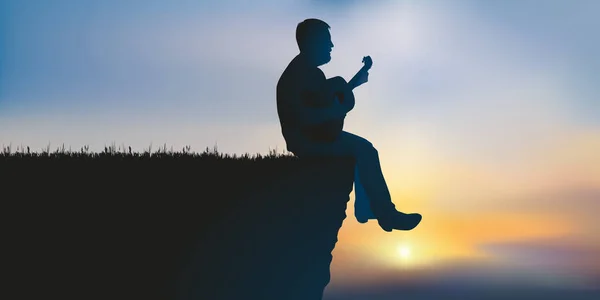 Концепція Натхнення Медитації Одним Музикантом Який Грає Гітарі Сидячи Краю — стоковий вектор