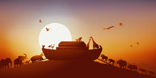 Знаменитая Сцена Библии Виды Животных Земли Поднимаются Ковчеге Ноя Избежать — стоковый вектор