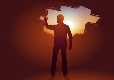 Krizden çıkmak için sembolik olarak bir duvarı süngerle silen bir adamla bir çıkış yolu bulma umudu..