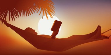 Concept of holidays and relaxation, with a man who calmly reads a book, lying in a hammock in the setting sun. clipart