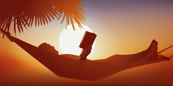 Tatil Rahatlama Kavramı Sakince Kitap Okuyan Batan Güneşin Altında Bir — Stok Vektör
