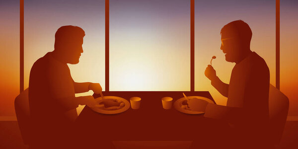 Concepto Almuerzo Profesional Con Dos Empresarios Que Comen Solos Restaurante — Vector de stock