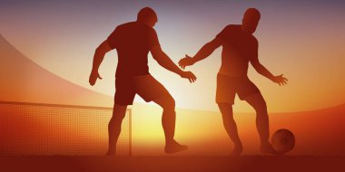 Futbol maçında bir forvet, defansın yanından geçerken gol atmak ve lig maçında sayı yapmak için top sürüyor..