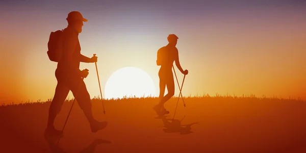 田舎道をノルディックウォーキングする男と女とのハイキングの概念 — ストックベクタ