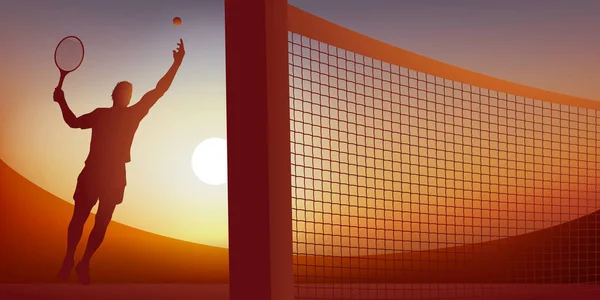 勝利のサービスの間にボールを打つために実行されるテニスの試合でのゲームアクションで勝利の概念 — ストックベクタ
