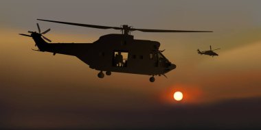 Savaş ve hava muharebesi kavramı, hava kararırken uçan savaş helikopteri..