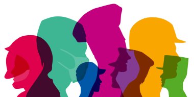 Illustration presenting the main professions through silhouettes of professionals seen in profile with their different headgear.