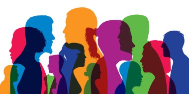 Concept of a cosmopolitan population with different silhouettes of heads of men and women in color and side views.