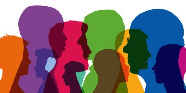 Çeşitlilik kavramı, renkli siluetler, farklı erkek profilleri, yaşlar ve farklı arkaplanlar göstermektedir..