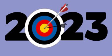 Greeting card to present the goals of an ambitious company for 2023, with the symbol of an arrow reaching the heart of a target. clipart