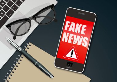 Composition showing a smartphone with an alert message where it says fake-news.
