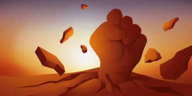 Concept of freedom and oppression of peoples, with the symbol of a fist coming out shattering the ground.