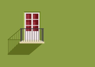 Wall background with a window door and a balcony on the facade of a house painted green.